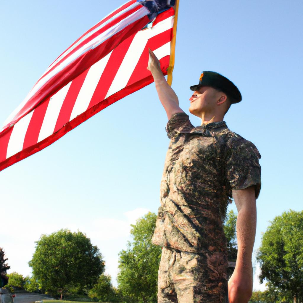 Soldier raising American flag triumphantly